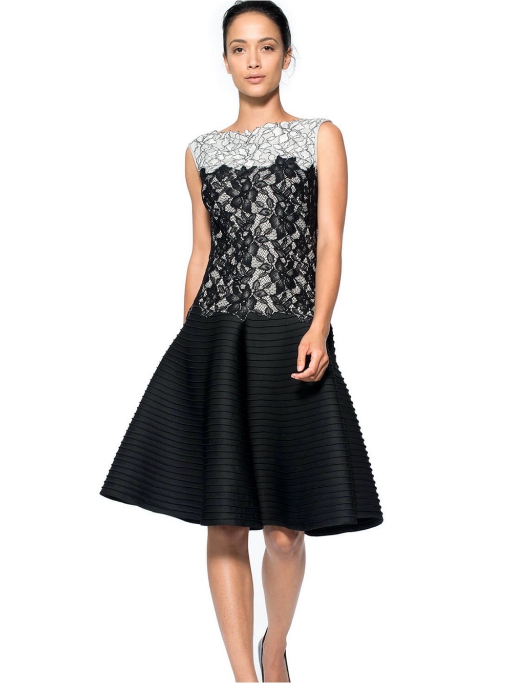 Tadashi Shoji Pintuck Neoprene Lace A-Line Dress Black Ivory Size 10